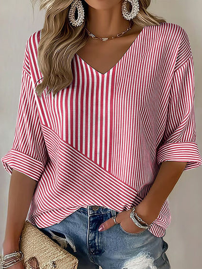 Women'S Casual Breast Cancer Awareness Print Pink Stripe Art V-Neck T-Shirt