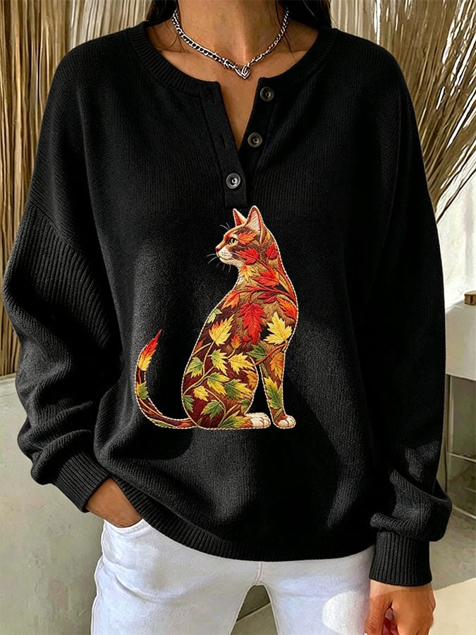 Women's Casual Print Button-Up Collar Knit Top