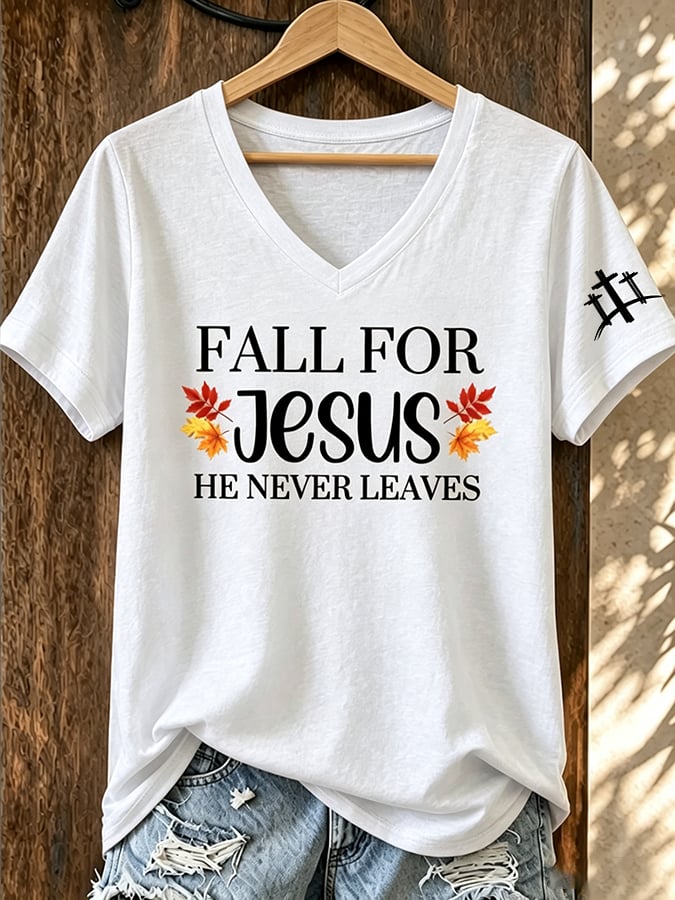 Women's Casual Fall for Jesus he never leaves Print Short-Sleeve T-Shirt