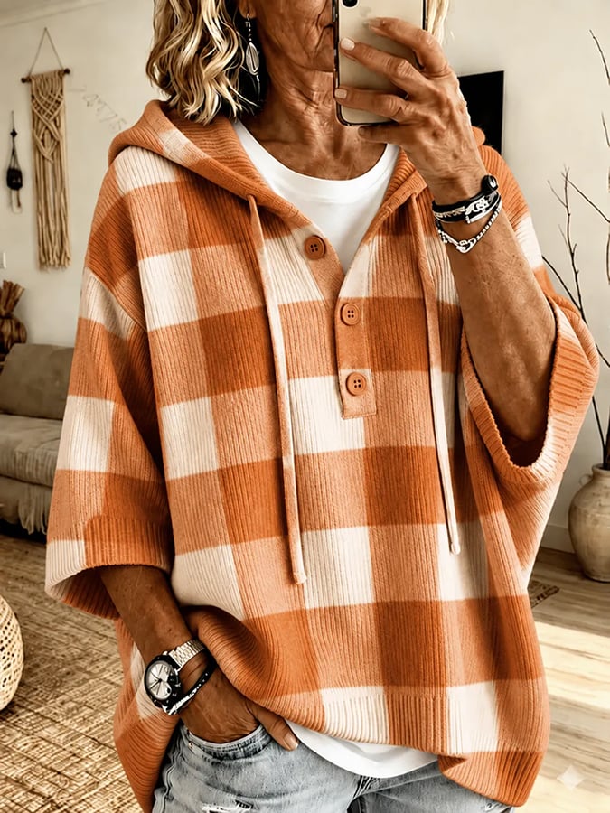 Women's Autumn Plaid Print Ribbed Hoodie