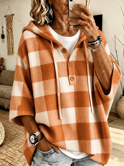 Women's Autumn Plaid Print Ribbed Hoodie