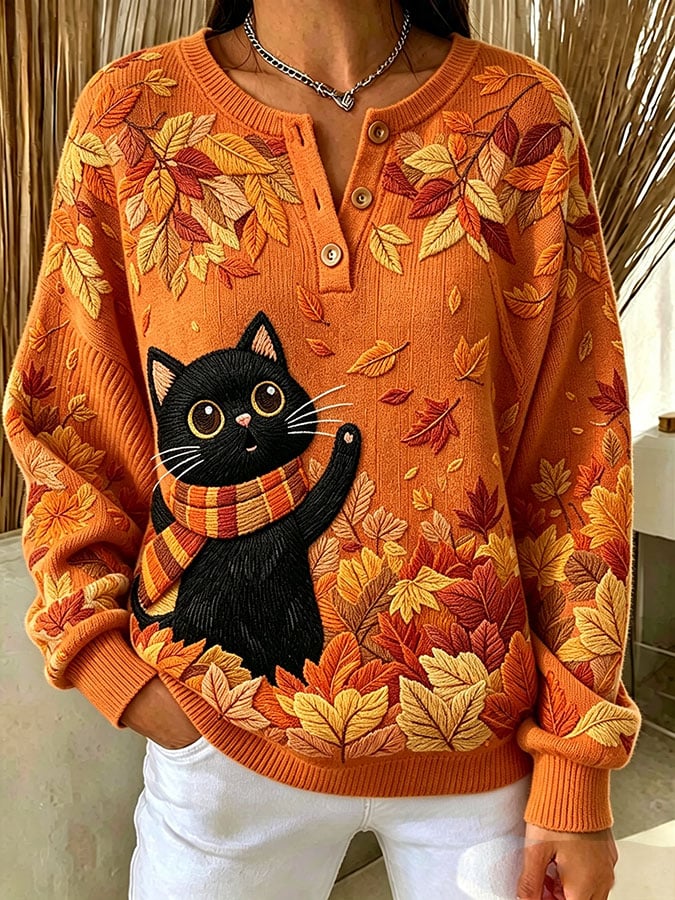 Women's Casual Print Button-Up Collar Knit Top