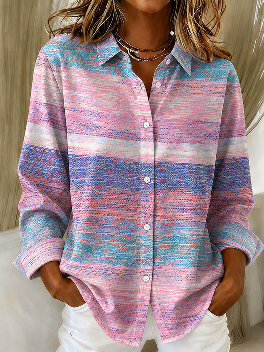 Women'S Pink Gradient Printed Lapel Long Sleeved Shirt