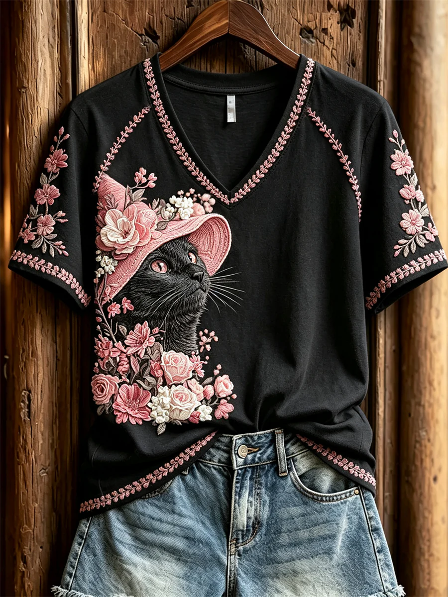 Women's Black Cat Witch Pink Floral Art Print short-sleeved T-shirt