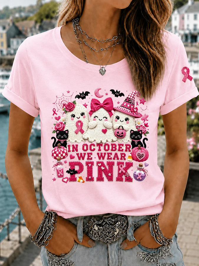Women'S Retro In October We Wear Pink Printed T-Shirt