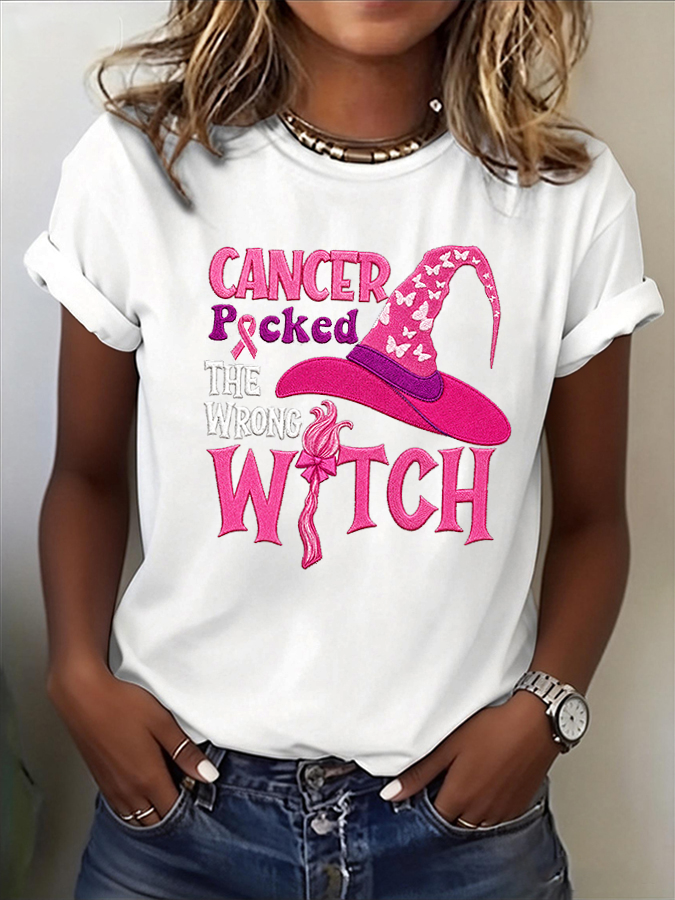 Women's Cancer Picked The Wrong Witch Pink Ribbon Witch Hat Embroidery Short Sleeve T-Shirt