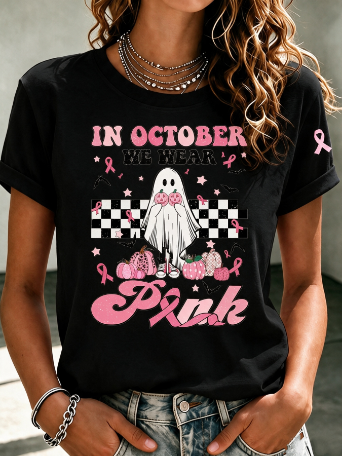 Women'S In October We Wear Pink Printed Casual T-Shirt