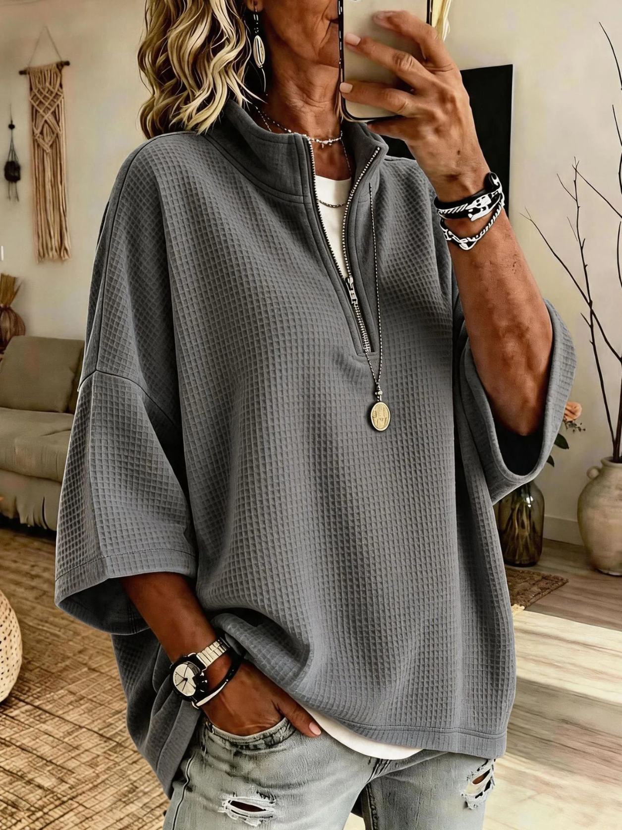 Women's Solid-Color Waffle-Knit Loose Half-Zip Sweatshirt