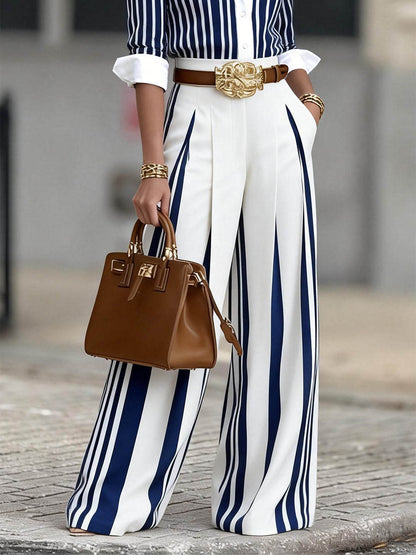 Elegant Striped Shirt & High Waist Wide Leg Pants Set