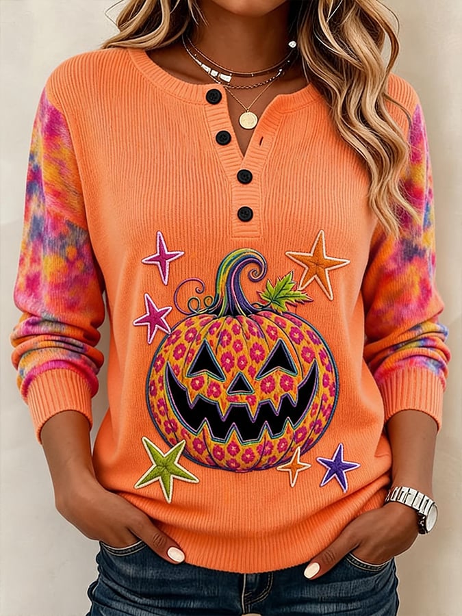 Women's Casual Printed Loose-Fit Henley Shirt
