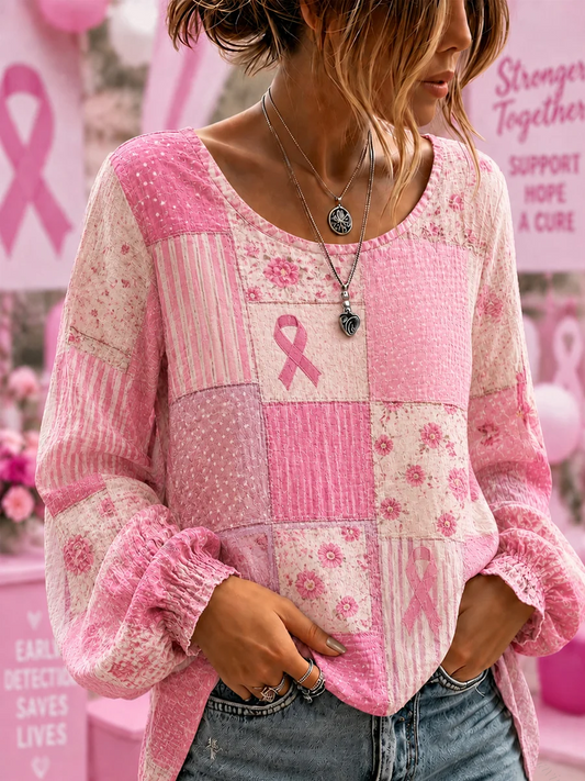 Women'S Breast Cancer Awareness Support Flowers Pink Ribbon Cotton-Linen Shirt