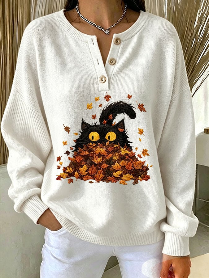Women's Casual Print Button-Up Collar Knit Top