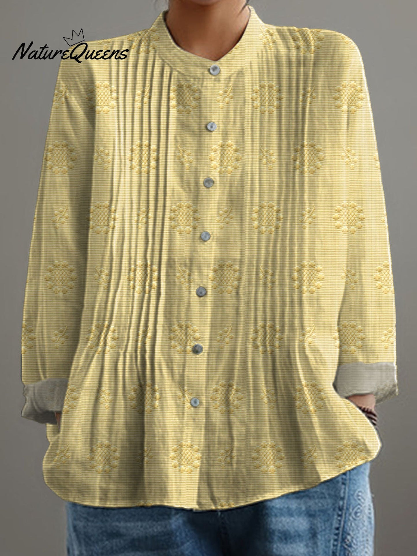 Women's Vintage Floral Art Print Casual Cotton And Linen Shirt