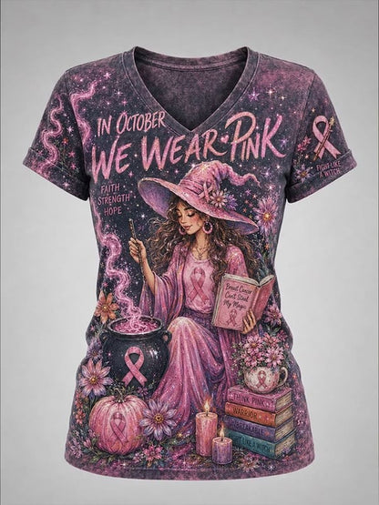 Women'S Breast Cancer Halloween Print V-Neck Top
