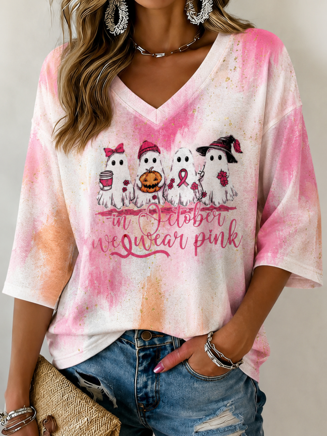 Women'S In October We Wear Pink Print V-Neck Short Sleeve Top