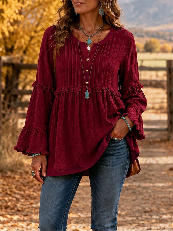 Women'S Casual Patchwork Tassel Lace Shirt