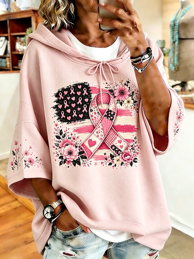 Women'S American Flag Pink Ribbon Floral Breast Cancer Casual Hoodie