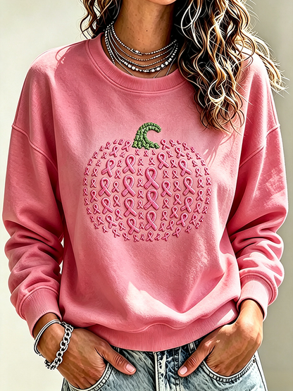 Women's Pink Ribbon Pumpkin Embroidery Breast Cancer Awareness Crewneck Sweatshirt