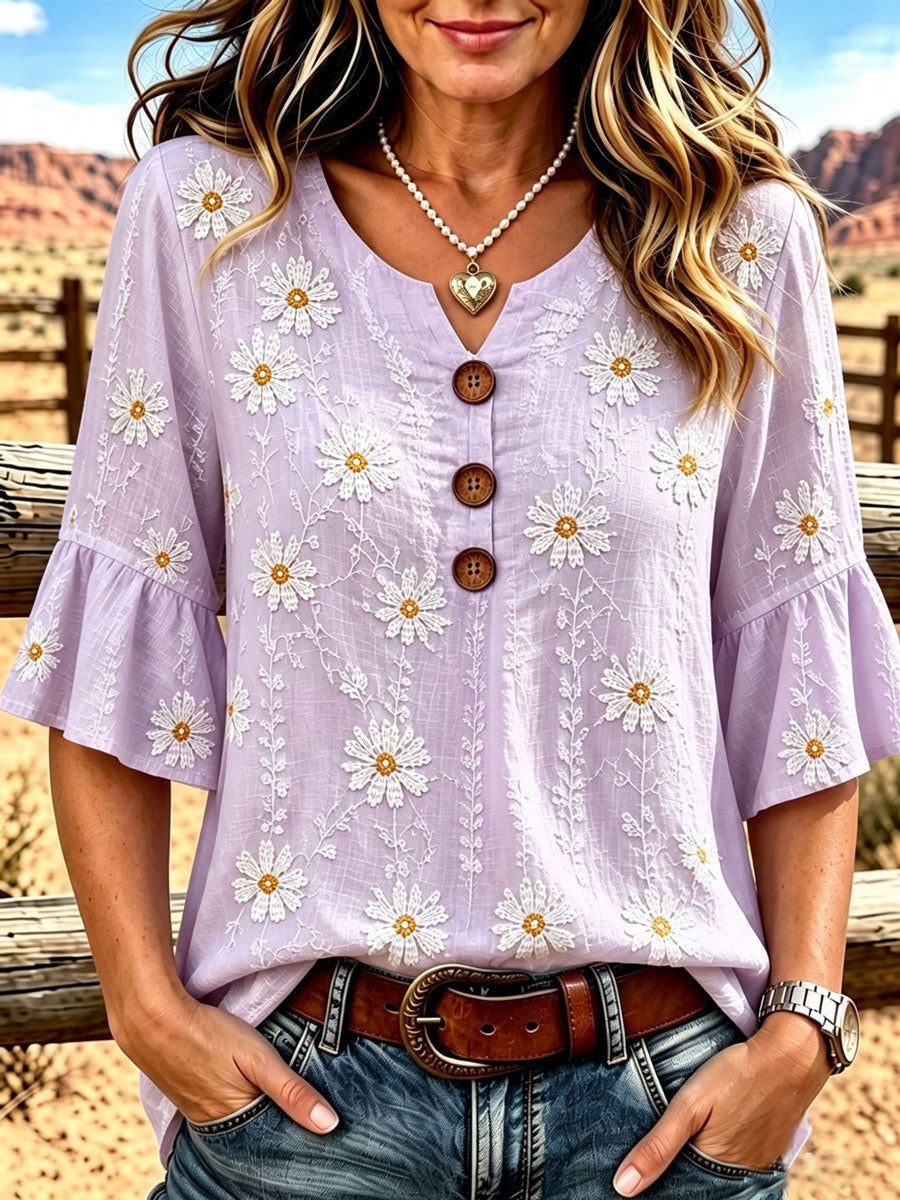Ladies' Western Style Cotton And Linen Casual Top