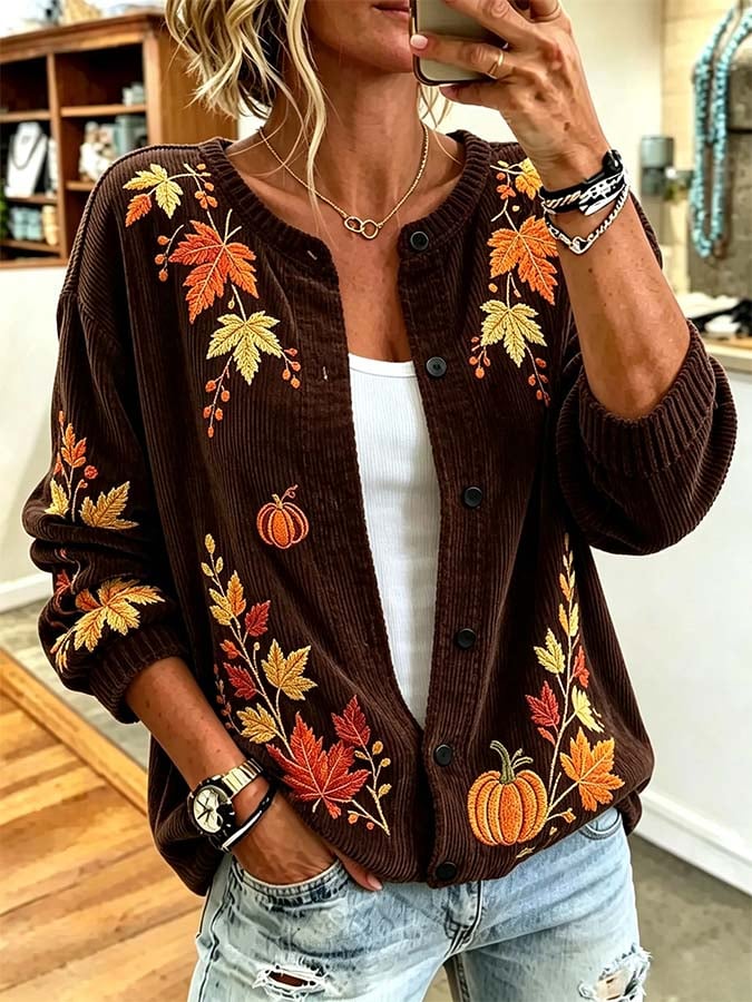 Women'S Casual Printed Corduroy Cardigan