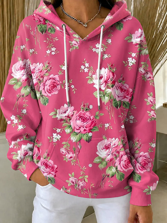 Women'S Vintage Breast Cancer Awareness Flower Art Print Long Sleeve Hoodie