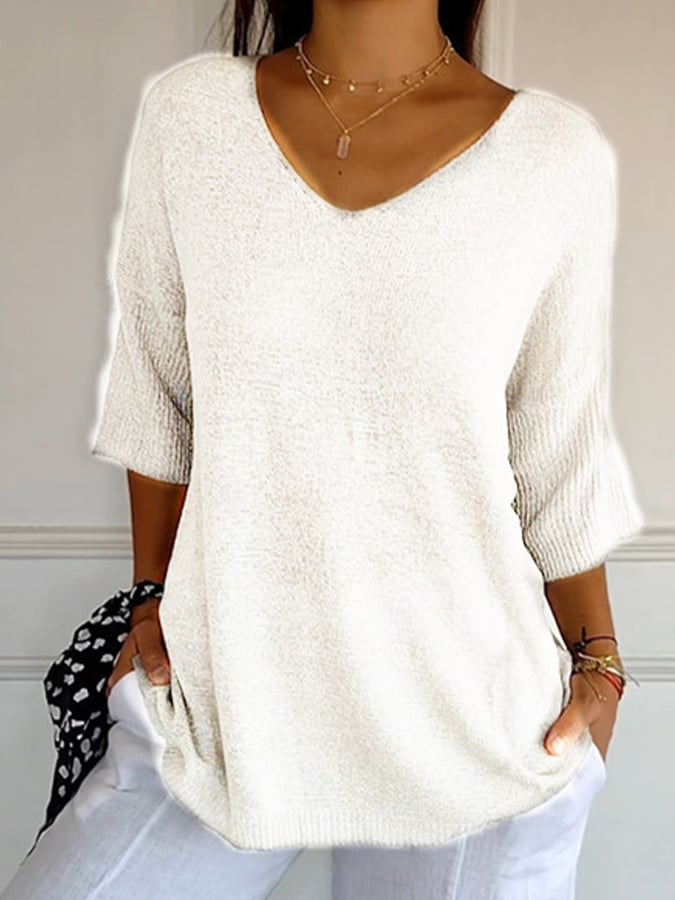 Women'S Casual V-Neck Three-Quarter Sleeve Solid Color Knit Sweater