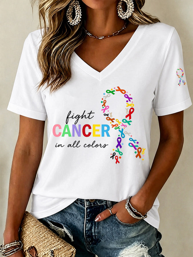 Women'S Fight Cancer In All Color Printed V-Neck T-Shirt