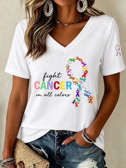 Women'S Fight Cancer In All Color Printed V-Neck T-Shirt