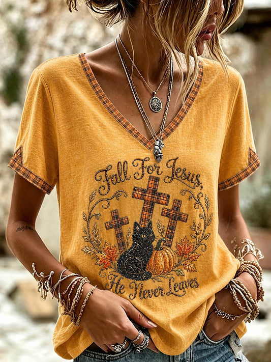 Women's Autumn Black Cat & Pumpkin Plaid V-Neck Short-Sleeve Top