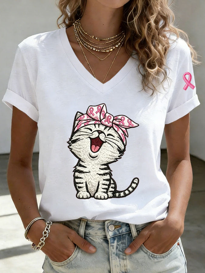 Women's Breast Cancer Awareness Cute Cat Print T-shirt