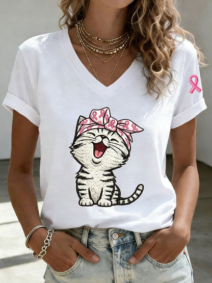 Women's Breast Cancer Awareness Cute Cat Print T-shirt