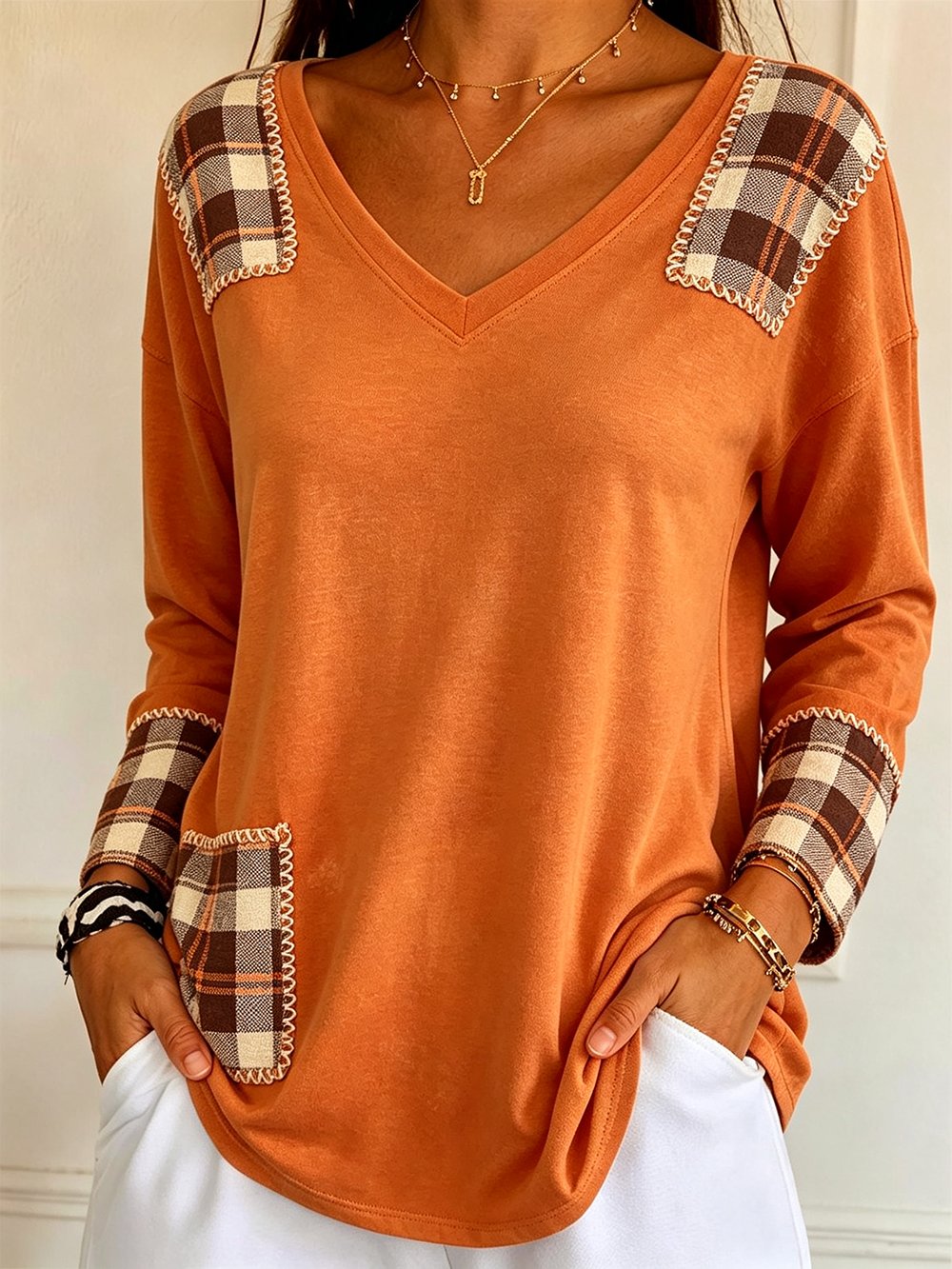 Women's Autumn Collection Printed V-Neck Long-Sleeve T-Shirt