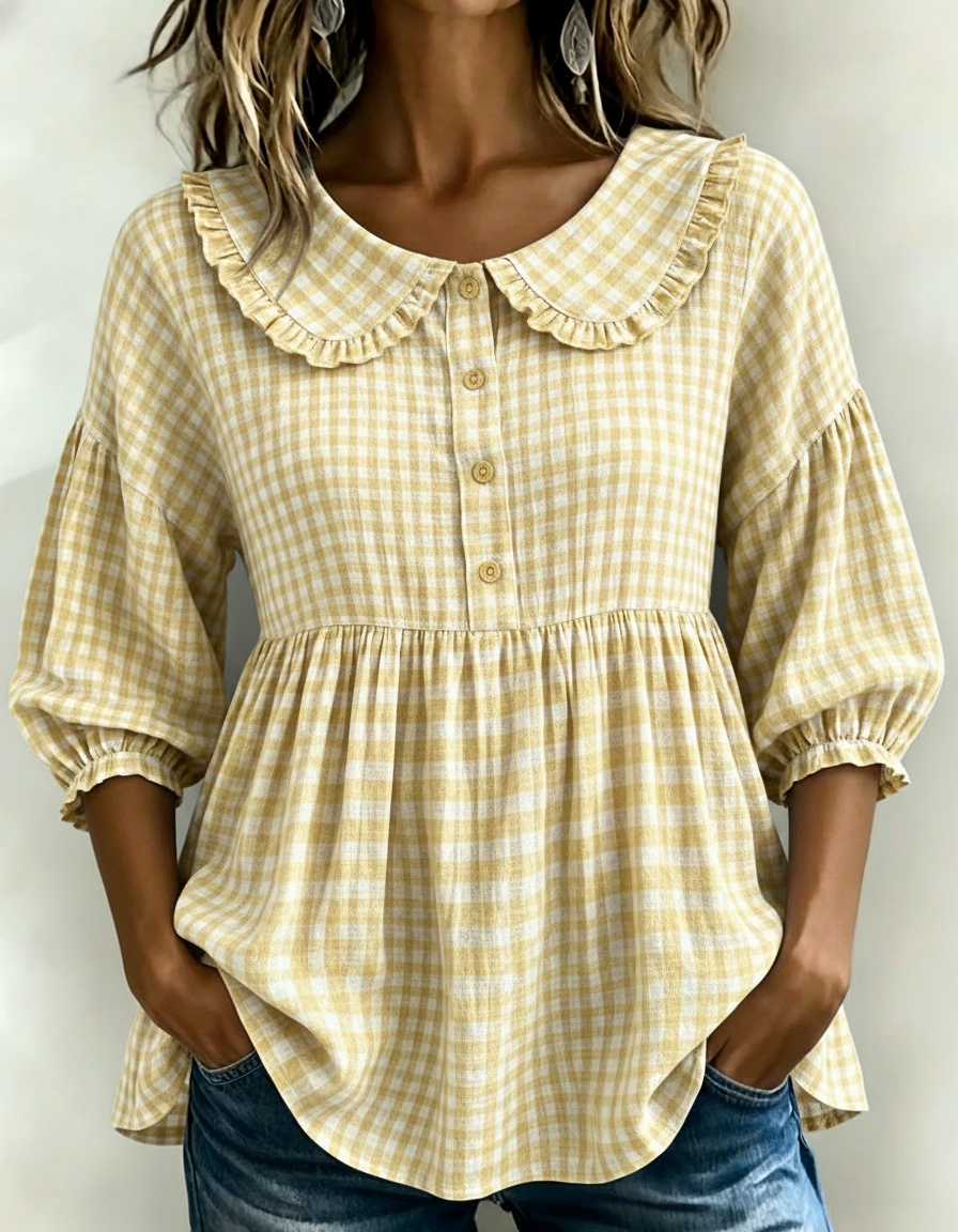 New Arrivals🔥Women's Gingham Puff Sleeve Peplum Blouse