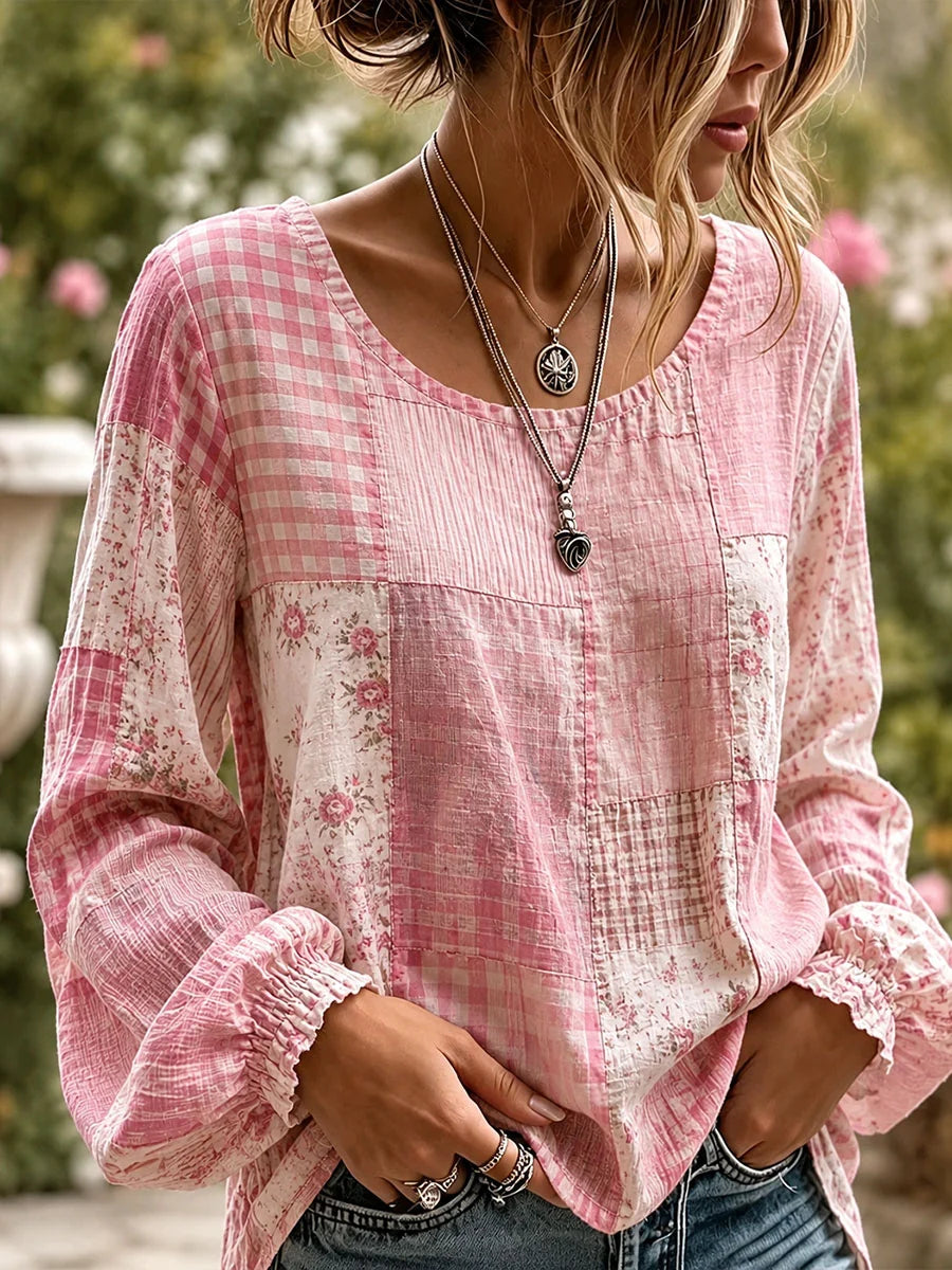 Women'S Cotton And Linen Patchwork Comparison Round Neck Long Sleeved Shirt