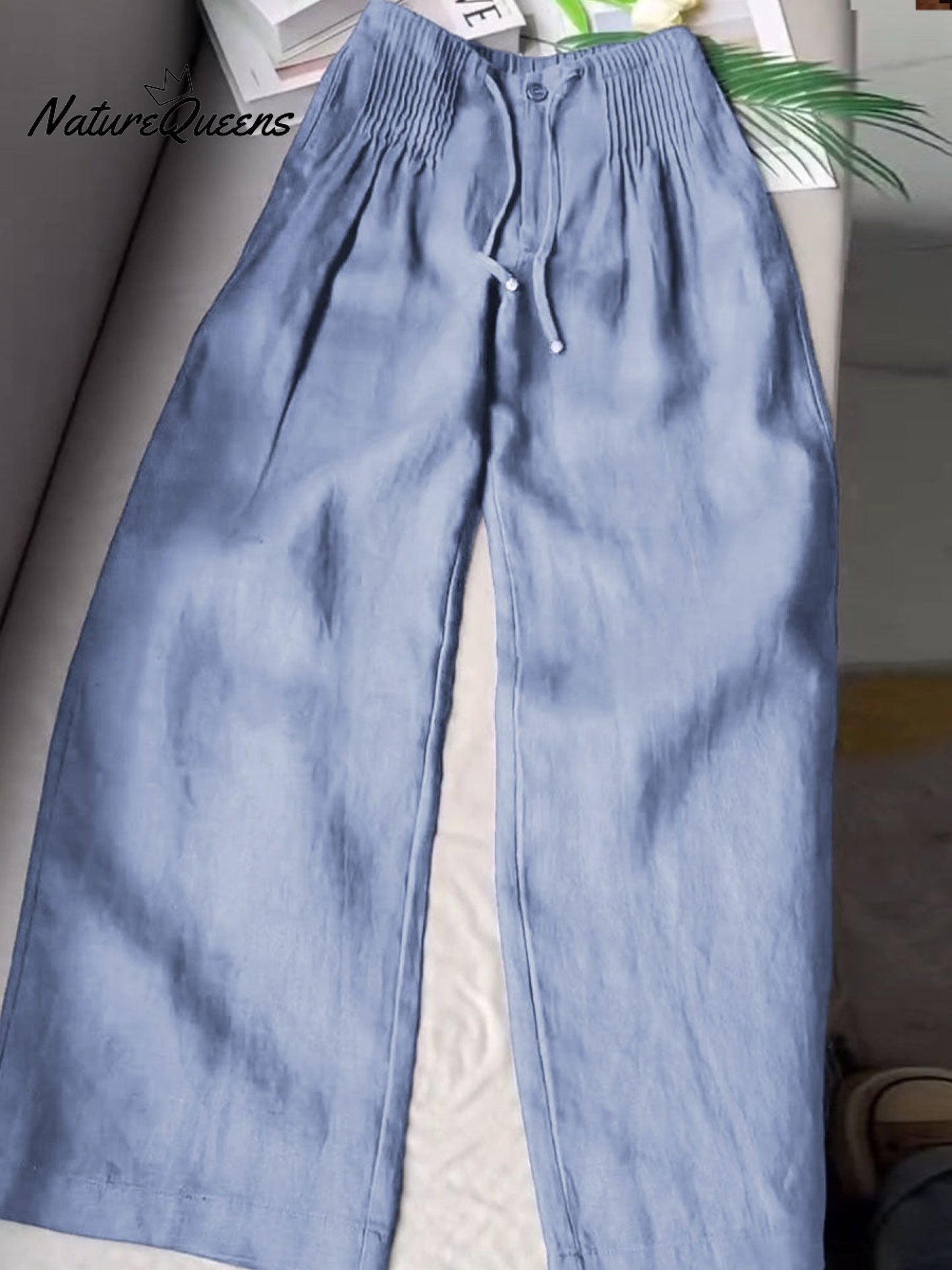 ?Limited time promotion Women's Solid Color Pleated Drawstring Casual Cotton and Linen Wide Leg Pants