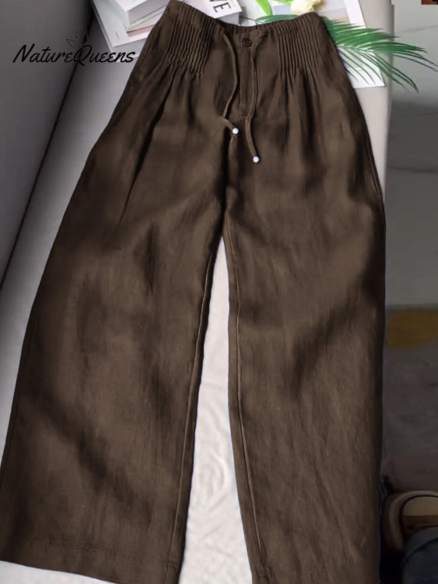 ?Limited time promotion Women's Solid Color Pleated Drawstring Casual Cotton and Linen Wide Leg Pants