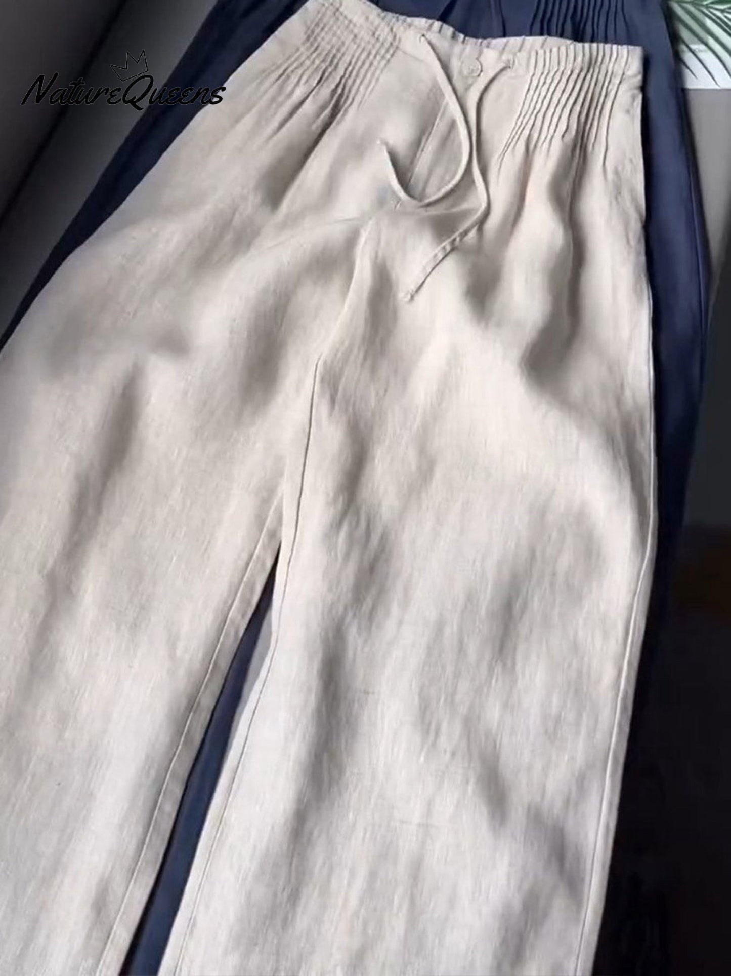 ?Limited time promotion Women's Solid Color Pleated Drawstring Casual Cotton and Linen Wide Leg Pants