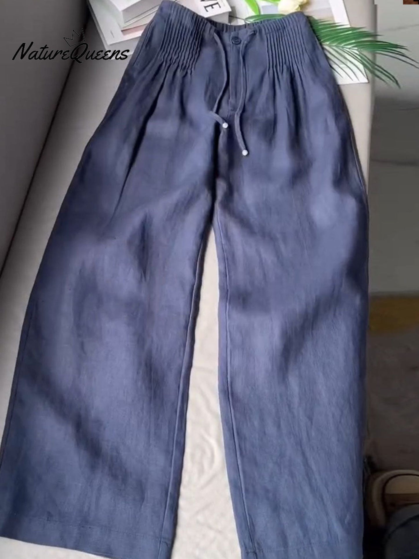 ?Limited time promotion Women's Solid Color Pleated Drawstring Casual Cotton and Linen Wide Leg Pants