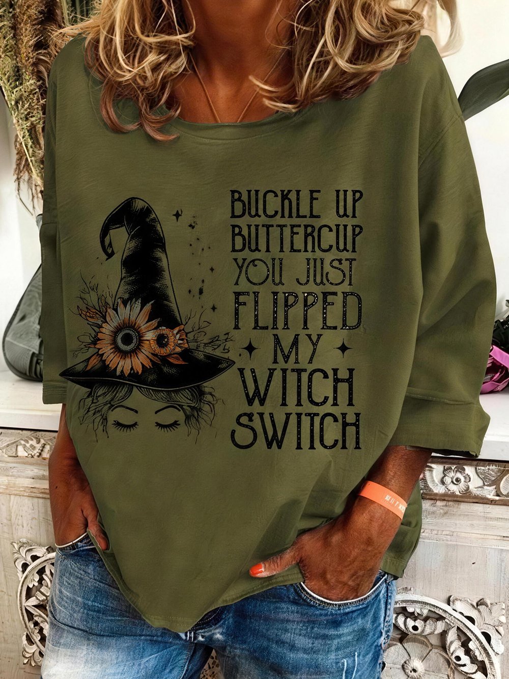 Women's "Buckle Up Buttercup, You Just Flipped My Witch Switch" Graphic Crew Neck 3/4 Sleeve T-Shirt
