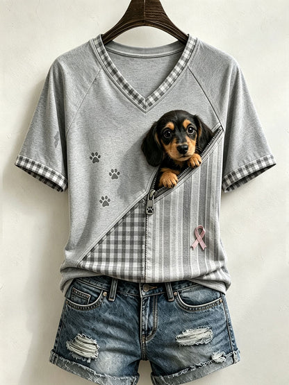 Cute Women'S Spliced T-Shirt Adorned With A Dachshund Pattern And Artwork