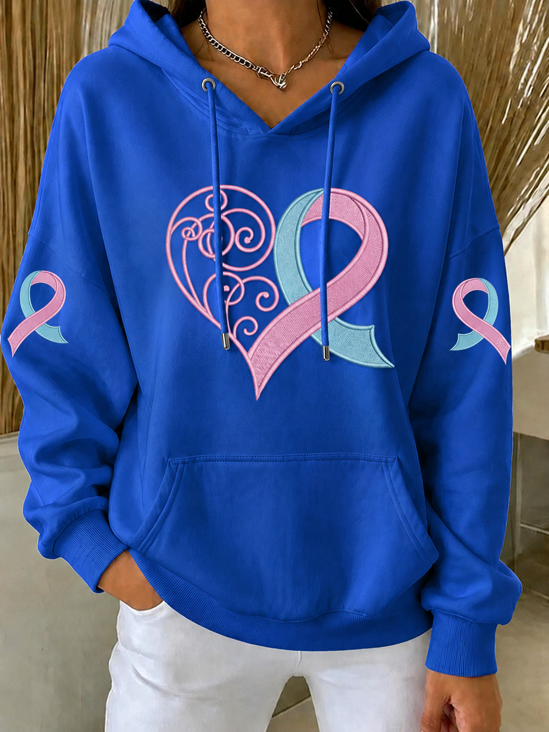Women'S Retro Breast Cancer Awareness Love Printed Long Sleeve Hoodie