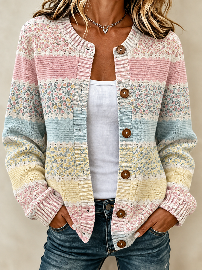 Women'S Plant Flower Printed Knitted Cardigan Top