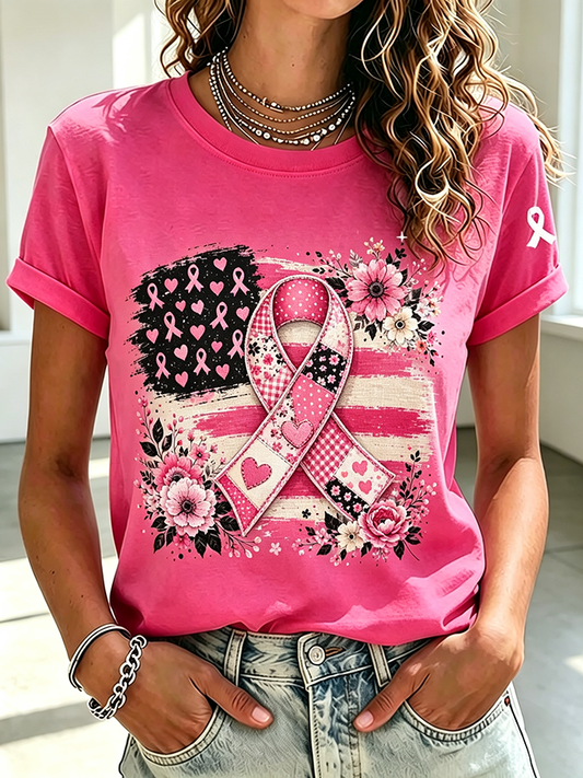Women'S Pink Ribbon Flag Flower Breast Cancer Awareness T-Shirt