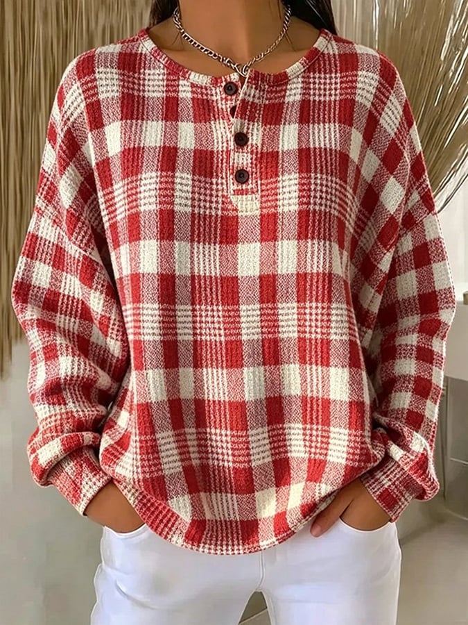 Women's Casual Printed Waffle-Knit Henley Sweatshirt