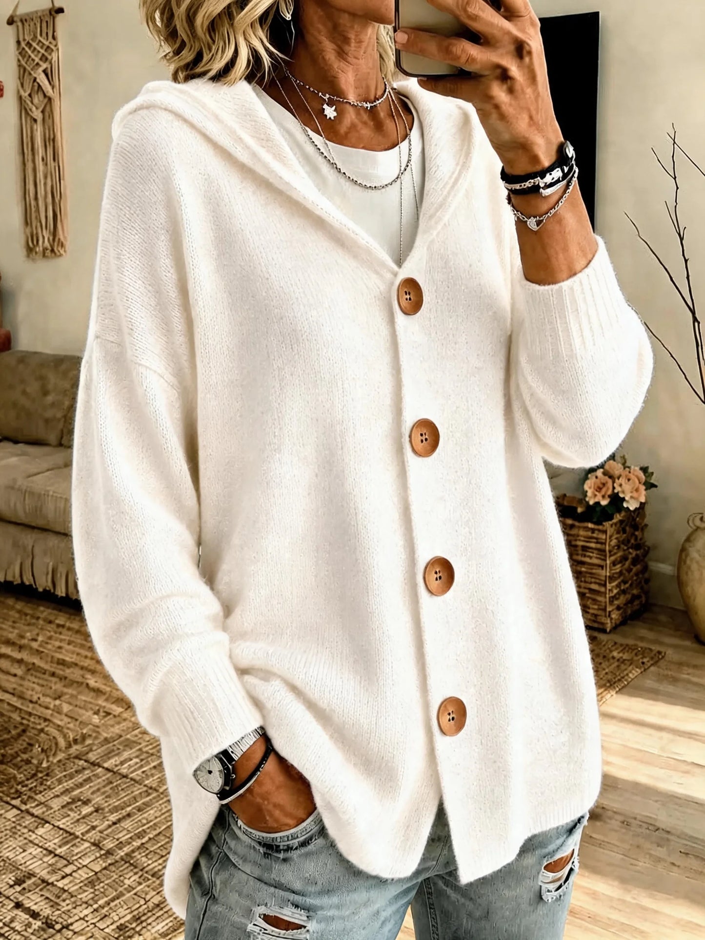 Ladies' Casual Knitted Hooded Long Sleeved Cardigan