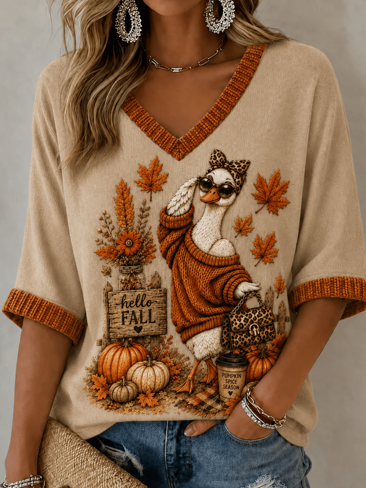 Women's Retro Hello Fall Goose Pumpkin Maple Leaf Print T-Shirt