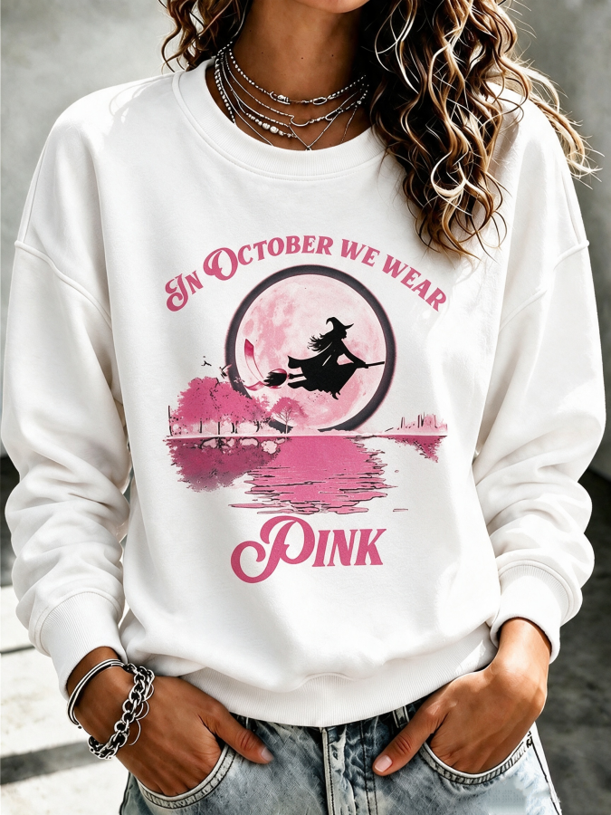 Women'S In October We Wear Pink Printed Round Neck Sports Shirt