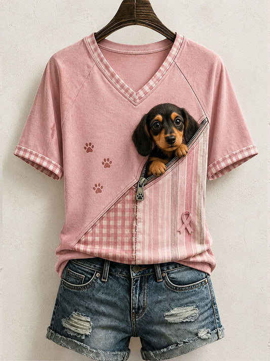 Cute Women'S Spliced T-Shirt Adorned With A Dachshund Pattern And Artwork