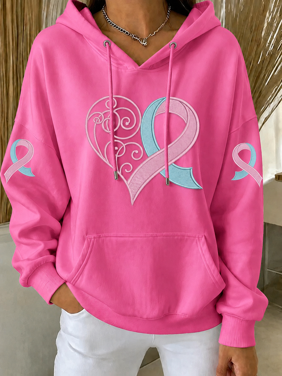 Women'S Retro Breast Cancer Awareness Love Printed Long Sleeve Hoodie