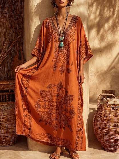 Bohemian Vintage-print Loose Cotton-linen Dress